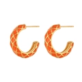 Orange enamel C-shaped grid earrings with 18K gold plating for a modern women fashion look - Quilted Enamel Hoop Earrings - Orange