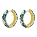 Close-up of golden hoop earrings featuring blue enamel and white floral petal patterns - Dark Blue