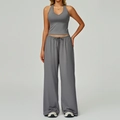 Women's 2-piece grey yoga set with halter crop top and high waist drawstring wide leg pants - Vest+Pants-Smoky Gray