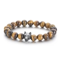 Tiger eye beaded bracelet with silver metal wolf head charm for men and women - Yellow Tiger Eye (KB70693-BD) / 10mm