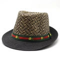 Straw fedora hat with black and beige geometric patterns and red-green stripe embroidery - M (56-58cm) / Black