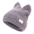 Grey winter knit hat with cute cat ears and Martin tag on a soft plush surface - Cat Ears Label-Grey