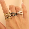Two-piece wave rings with black and white enamel drip on gold stainless steel - Multi-Layer Black White Wave Set of 4