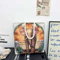 Borsa tote etnica in tela con stampa arazzo elefante e manici in corda bianca - Elefante al Tramonto