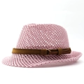 Handgeweven roze strohoed met bruine riem en metalen gesp voor de zomerse dagen - M / Roze