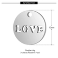 Round stainless steel LOVE charm pendant 12mm size and 0.8g weight specifications - Hollow LOVE Round
