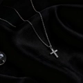 Silver stainless steel chain necklace with micro-pave zircon cross pendant on black silk - Silver-Style A-Pave Cross