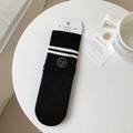 Black mid-calf socks with white stripes and a smiley face embroidery on the side - Double Stripe Smile Style (lm) / Black