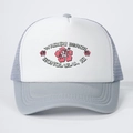 Casquette trucker grise et blanche avec fleur d'hibiscus rose et texte Waikiki Beach - Gris