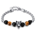 Pulsera de hombre de acero inoxidable con cuentas ojo de tigre y una cabeza de lobo plateada - Pulsera de Acero / Plata/Color Acero Cabeza de Lobo