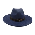 Dark blue wide brim fedora with ethnic ribbon and vintage metal bull skull charm - Colorful Bull Head Ornament / Navy Blue