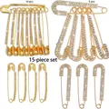 Lot de 15 épingles de sûreté en strass argent et or pour ajuster la taille - Base Dorée en Forme de J / Coffret de 15 Pièces / Or Zircon Blanc