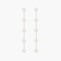 Elegant long pearl tassel earrings featuring five white pearls on fine silver chains - Silver