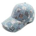Detailed view of light blue denim baseball cap featuring silver sequins and frayed edges - M(56-58cm) / Light Blue