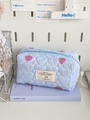 Trousse à maquillage rayée bleue avec fraises, matelassage cœur et étiquette - Petit sac octogonal