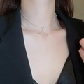 Double-layer silver body chain with small beads and a cubic zirconia pendant - Double Layer Silver Necklace