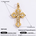 Gold stainless steel cross pendant with white crystal inlay, measuring 17.9x11.5mm - Gold Stainless Steel Inlaid White Crystal Cross Pendant (PJ91243)
