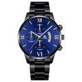 Detail of chronograph men's business watch with blue dial, Roman numerals and steel band - Black Band Blue Dial Gold Hands