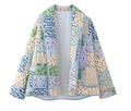 Close-up of quilted floral jacket featuring colorful patchwork design and large front pockets - XS / Green Lapel