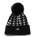 Berretto in maglia pied de poule bianco e nero con morbido pompon in pelliccia - M / Nero