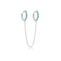 S925 sterling silver double piercing hoop earrings with blue stones and tassel chains - 925 Silver / Platinum With Blue Turquoise