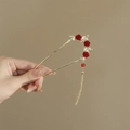 U-shaped hair pin with red velvet roses, white pearls and gold metal tassels - Red Flocked Plum U-shaped Tassel Hair Stick