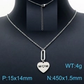 Silver-finish MOM heart pendant necklace with dimensions and chain detail on black display - Steel Color Necklace (KN201652-Z)