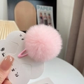 Pink faux rabbit fur hair clip for girls with a handmade mini plush ball design - 1 Piece / Water Pink