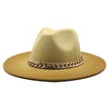 Khaki wool fedora hat featuring a wide flat brim and a decorative gold metal chain link - 58cm One Size / Ginger Yellow