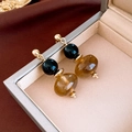 Vintage resin geometric stud earrings with amber stone texture and gold metal accents - 18# Silver Earring Post-Gold-Oval