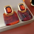 Detail of vintage flower drop earrings with red faceted stones and tortoiseshell resin - Geometric Pendant Tortoise Red (Style 14 Silver Needle)