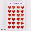 Set of 12 pairs of red heart-shaped stainless steel stud earrings with golden bead edges - Large (12.8*11.5mm) / Red Shell