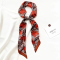 Detail of floral and geometric silk twilly scarf with elegant satin finish and sharp tips - Brown and Orange Geometric Floral Style (T414-8)