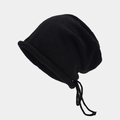 Detalle de gorro de punto negro con borde enrollado grueso y cordón ajustable - M (56-58cm) / Negro