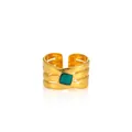 Adjustable gold plated stainless steel ring with green square enamel in multi-layer design - Gold