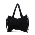 Black bow-shaped quilted nylon puffer tote bag with adjustable shoulder strap and silver hooks - Black