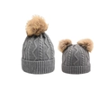Detail of gray cable-knit parent-child hats with fluffy pom-poms and ribbed cuffs - Parent-Child Set (2 Pcs) / Gray