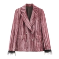 Blazer en velours plissé rose avec poignets en plumes noires pour femmes - XS / Outerwear