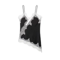 Women's black satin camisole with white eyelash lace trim and asymmetric hem detail - Black with White Trim