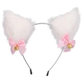 Détail de serre-tête oreilles de chat en peluche blanche avec nœuds et cloches - Blanc pur