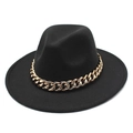 Detailed texture of black felt fedora hat with a bold decorative gold chain accent - M (56-58cm) / Black