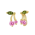925 silver gold-plated cherry earrings featuring pink and green crystal stones - Gold Pink Cherry Studs / Gold Cherry