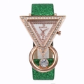 Macro shot of triangle rhinestone bezel quartz watch with green glitter leather strap - Green Single Watch