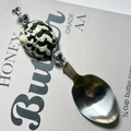 Silver metal spoon featuring a natural conch shell handle on an open magazine - Black King Kong Shell Spoon
