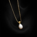 Elegant gold chain necklace with a baroque white pearl pendant on black silk - [H52] Teardrop Pearl Gold