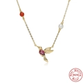 Classic S925 sterling silver hummingbird necklace with red gemstone and white pearl detail - Gold Hummingbird - Pink Zirconia & Pearl