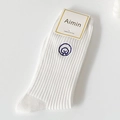 White combed cotton mid-calf socks with cute blue dog embroidery and ribbed texture - Teddy Dog / White