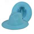 Flat brim wool felt fedora in teal blue featuring metal buckle belt and interior lining - Thickened Hardened Lake Blue