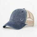 Detail of blue denim baseball cap with beige mesh back and side smiley embroidery - Adjustable / Navy Blue