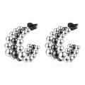 Polished silver and black beaded C-shaped stainless steel hoop earrings on white background - Black Silver